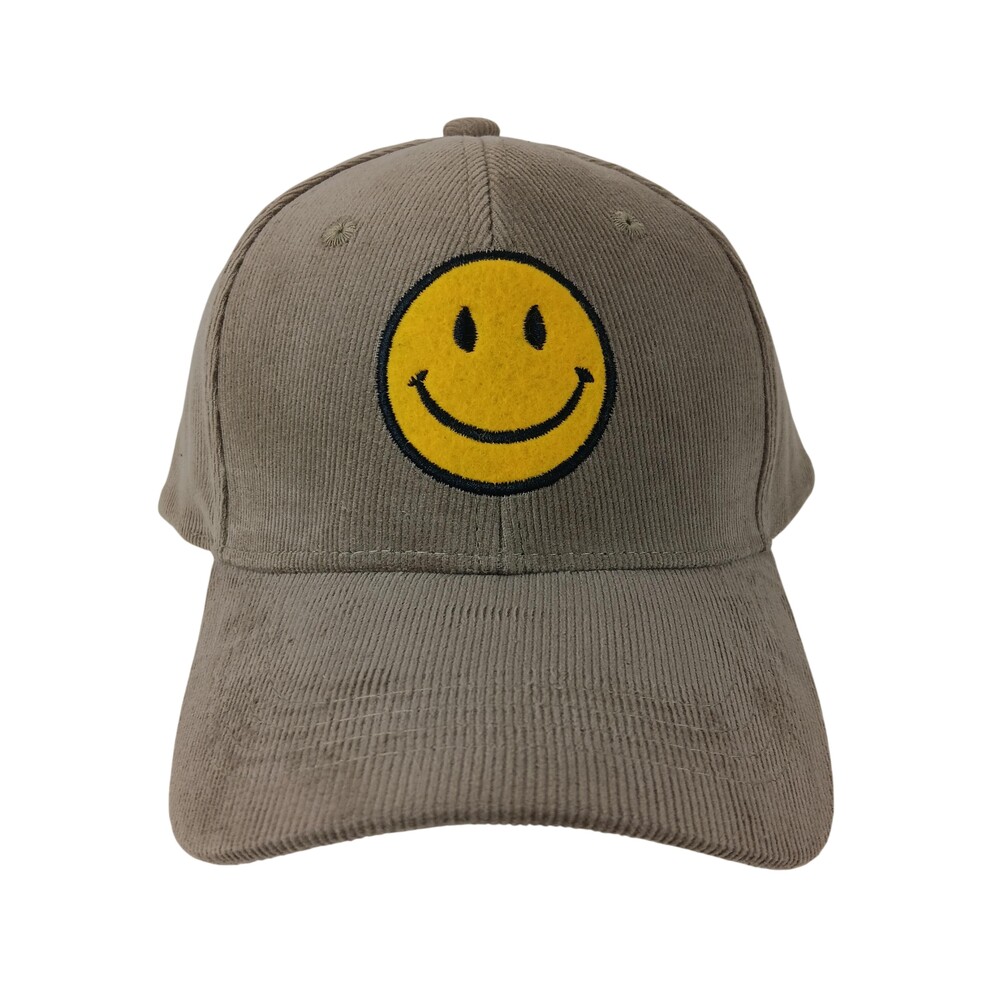Smiley Face Hat Cap Strap Back Brown Corduroy Embroidered Patch Mens Adjustable